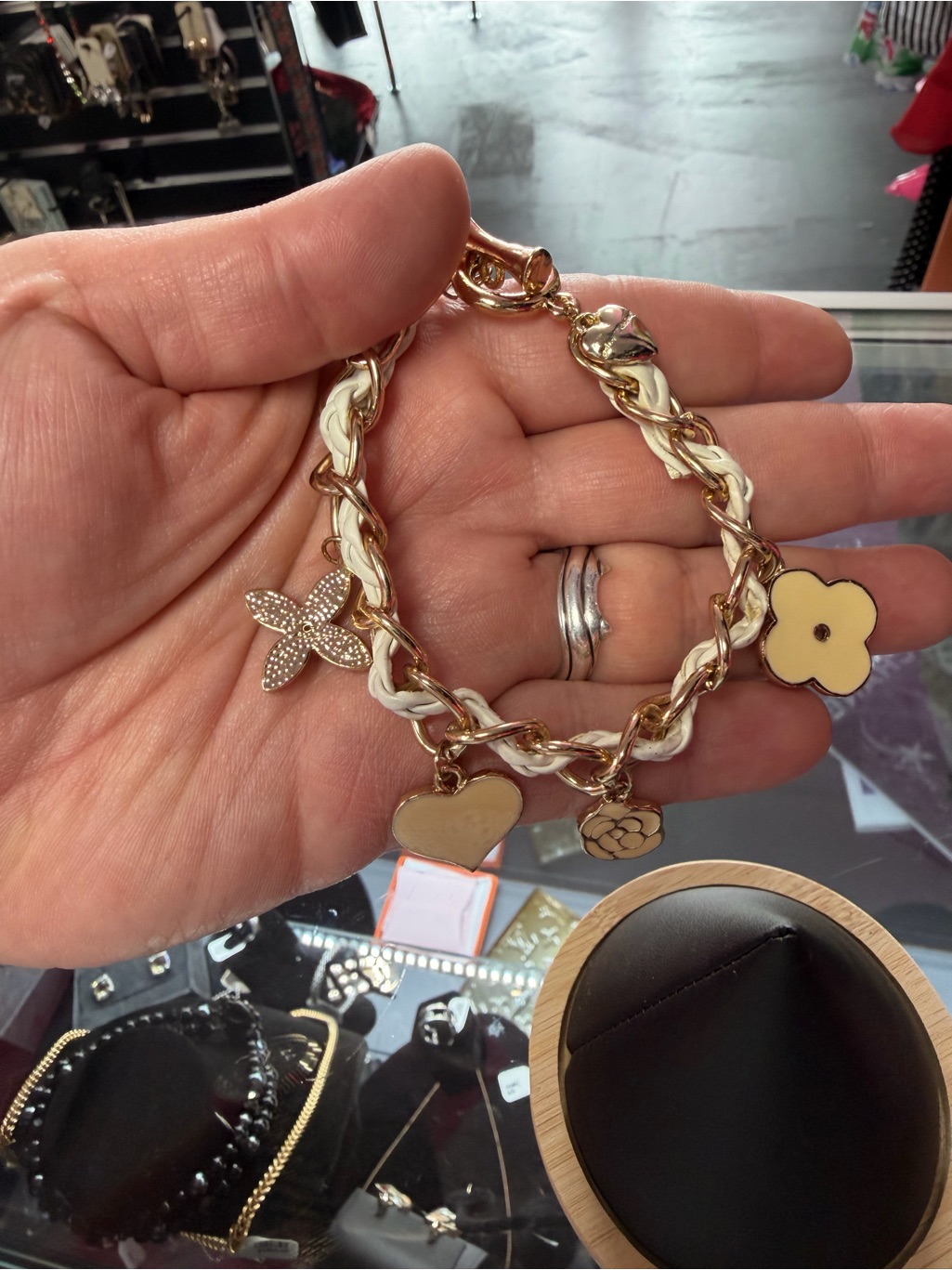 Betsey Johnson Gold And Cream Charm Bracelet With Floral & Heart Charms